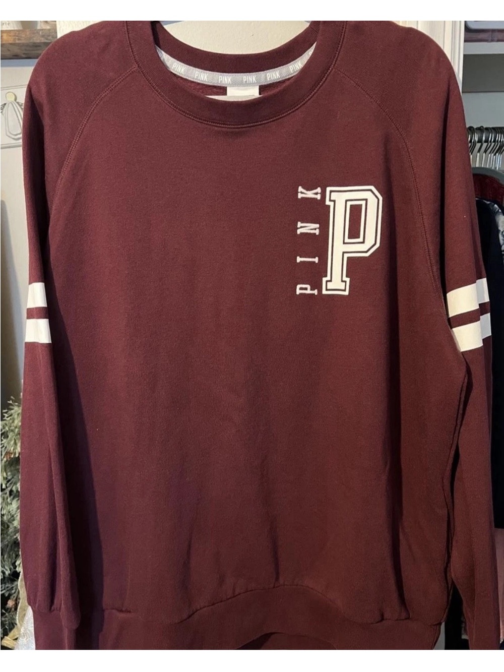 Victoria's Secret PINK Woman’s Maroon Crewneck Sweatshirt with White Detail